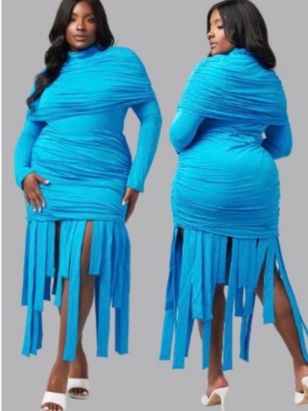 Irregular Exposure Ruched Teal Long-Sleeve Bodysuit with Teal Fringed Skirt - Picture 3 of 7